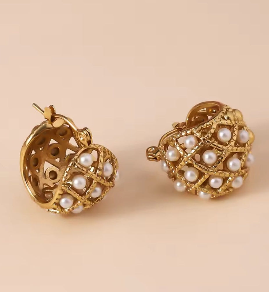 Pearl and gold bead earrings