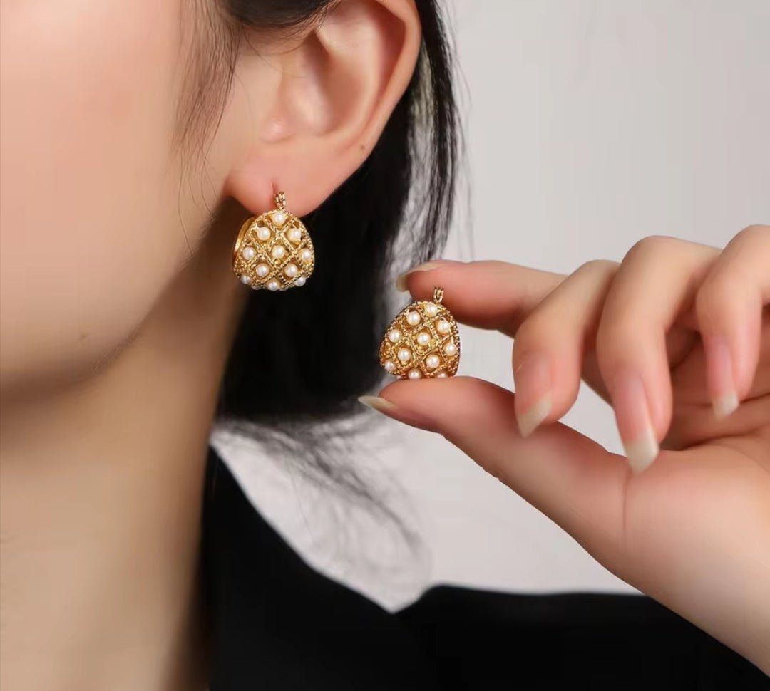 Pearl and gold bead earrings