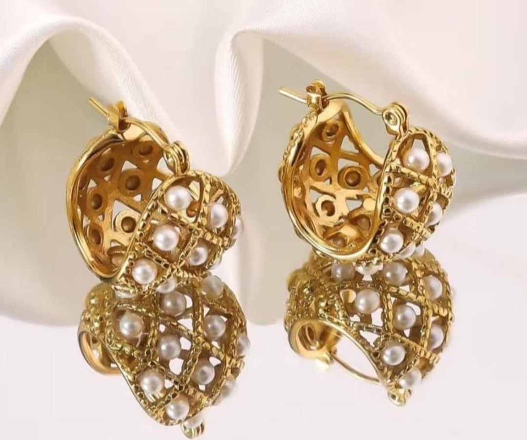 Pearl and gold bead earrings